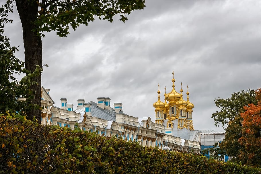 catherine's palace, st petersburg, russia, towers, gold, gilded, HD wallpaper