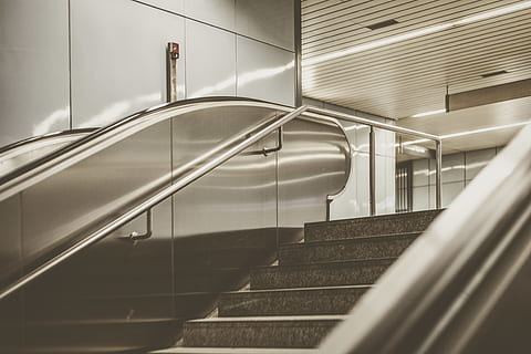gray concrete stair, banister, handrail, staircase, railing, lighting HD wallpaper