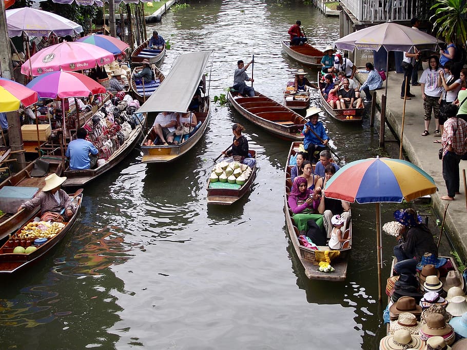 thailand, floating market, boats, water, river, food, travel, HD wallpaper