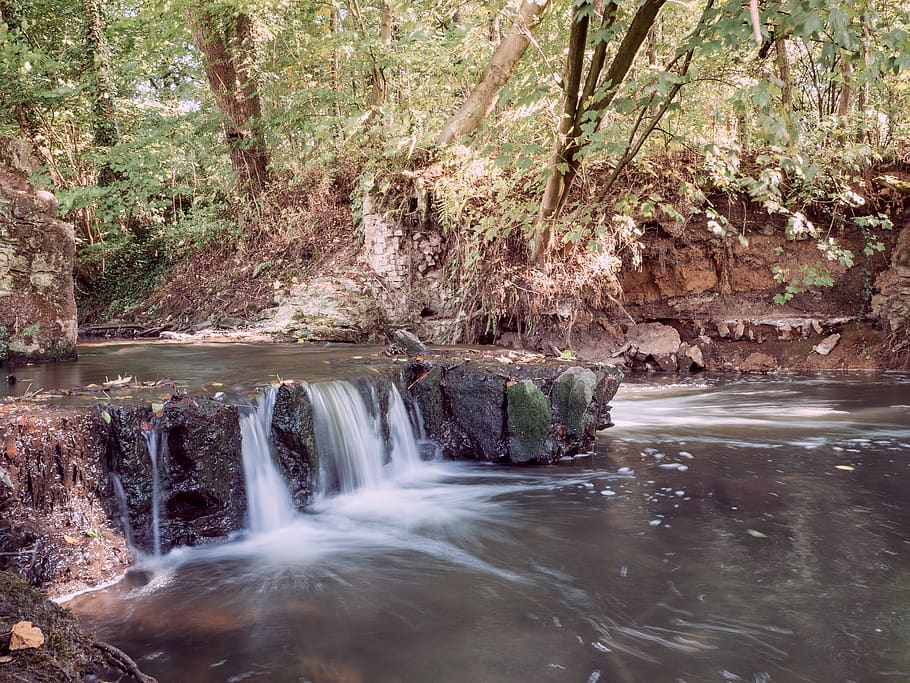belgium, kelmis, water, waterfall, tree, forest, motion, long exposure HD wallpaper