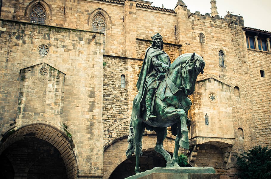 spain, barcelona, cathedral, king, statue, horse, gothic, ramon berenguer, HD wallpaper