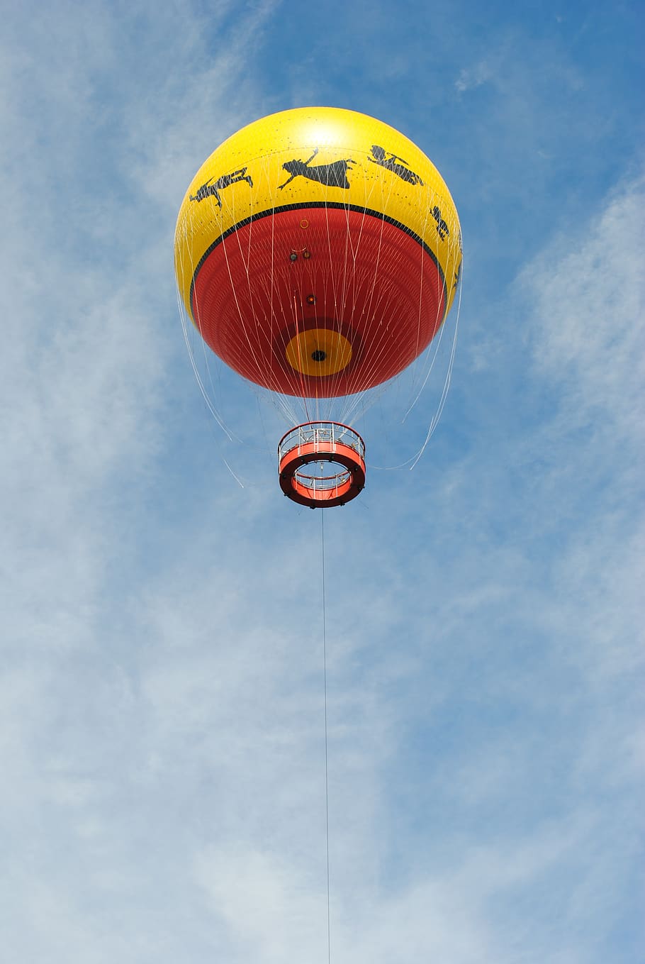 balloon, clouds, sky, colorful, blue, floating, yellow, red HD wallpaper