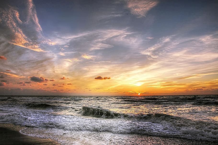 Sea Waves during Sunset, beach, clouds, coast, dawn, evening