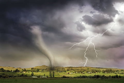 Lightning and Tornado Hitting Village, calamity, clouds, countryside HD wallpaper