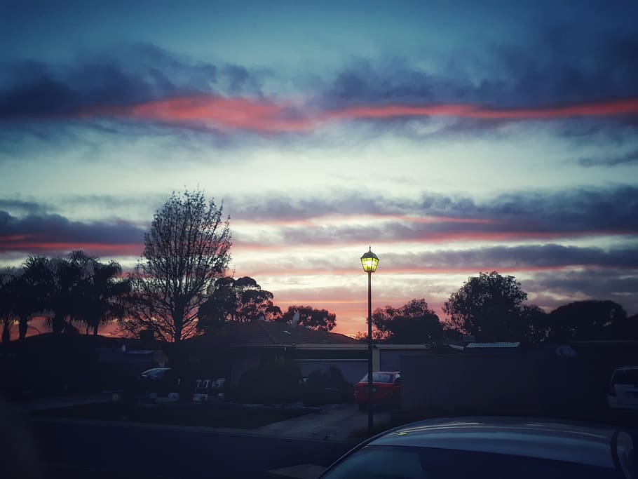 clouds, sunrise, trees, sky, cloud - sky, plant, car, motor vehicle HD wallpaper