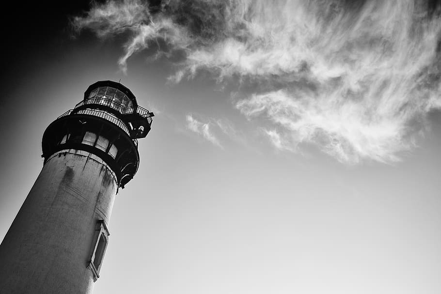 Gray Scale Low-angle Photography of Lighthouse, architecture HD wallpaper