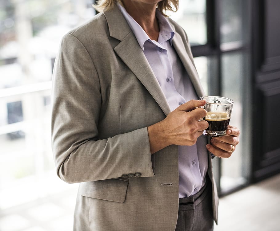 Person Wearing Suit Jacket Holding Glass Mug, coffee, cup, drink HD wallpaper