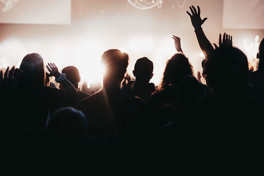 silhouette photography of crowd of people in a concert, hands up HD wallpaper