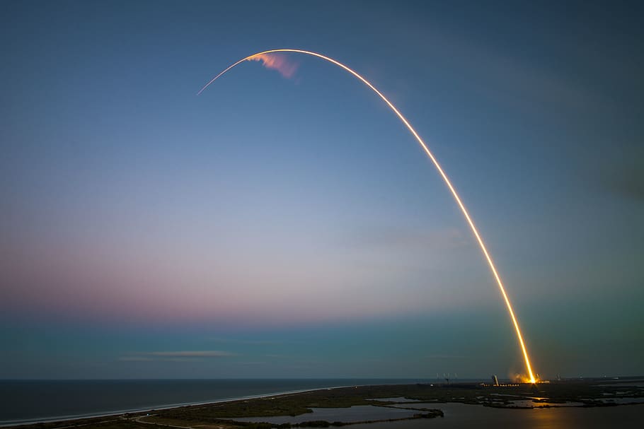 rockets, rocket ship, space, shuttle, sunset, dusk, sky, lights HD wallpaper