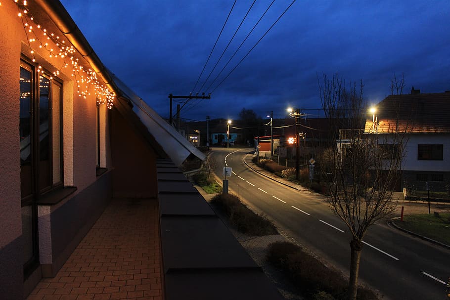 evening, clouds, lights, christmas, street, village, architecture HD wallpaper