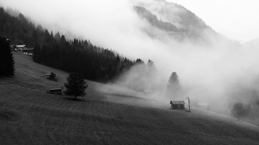 nature, landscape, white, black, mist, fog, clouds, mountains HD wallpaper