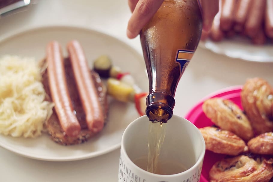 Person Pouring Beer on White Mug, dinner, food, german, lunch