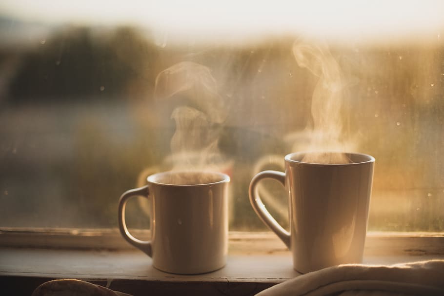 two white ceramic mugs near window, cup, steam, coffee cup, drink HD wallpaper