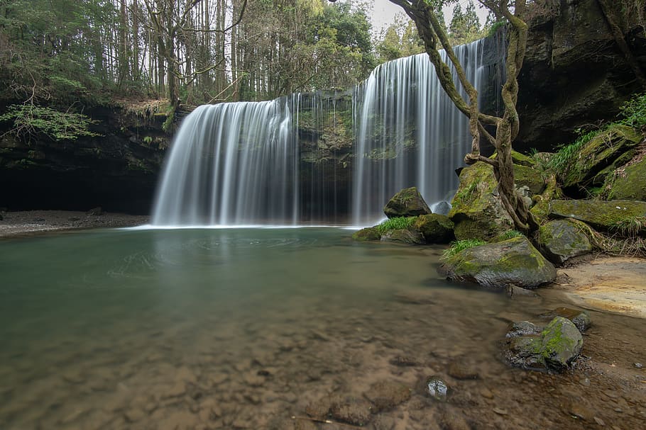 waterfall surrounded by trees, scenics - nature, beauty in nature HD wallpaper