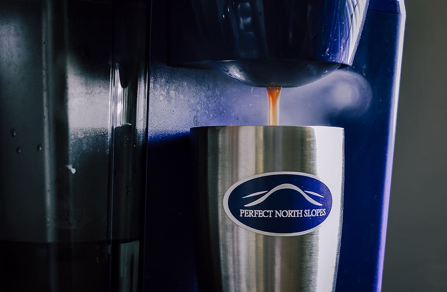 Stainless Steel Cup Filled With Coffee on Coffeemaker, caffeine HD wallpaper