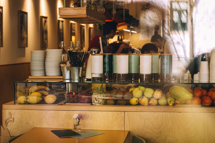 shelf, human, person, lighting, restaurant, furniture, plant HD wallpaper