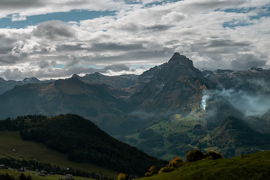 mountain with clouds, switzerland, amden, grey, outdoors, nature HD wallpaper