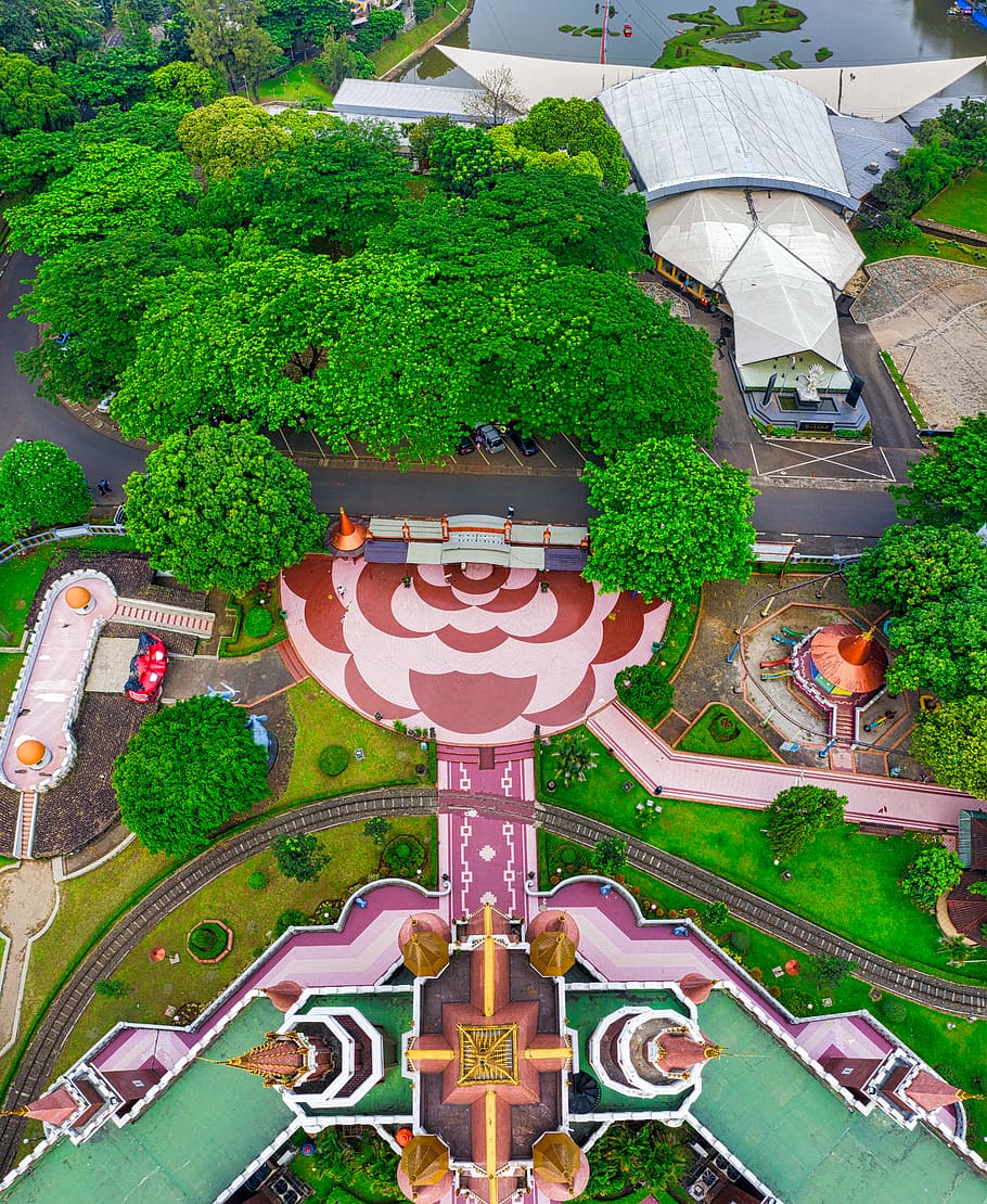 Green and Gray Painted Temple Aerial Shot, aerial photography, HD wallpaper