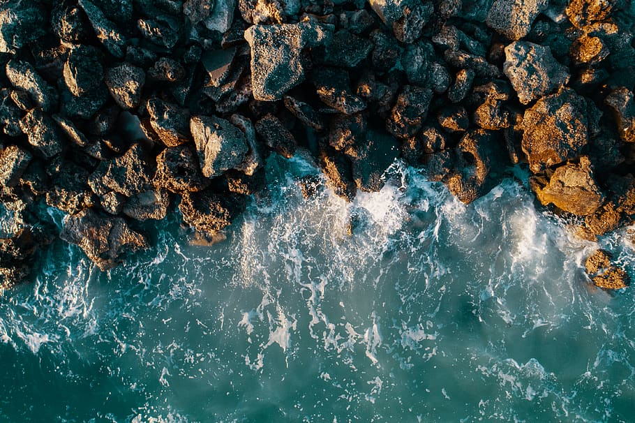 Aerial, motion, rock, sea, no people, water, solid, full frame HD wallpaper