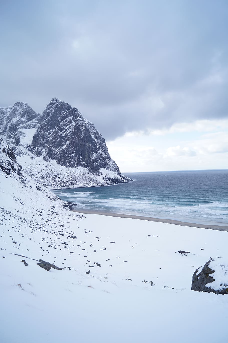 snow covered mountains on shore under gray sky, norway, kvalvika beach, HD wallpaper
