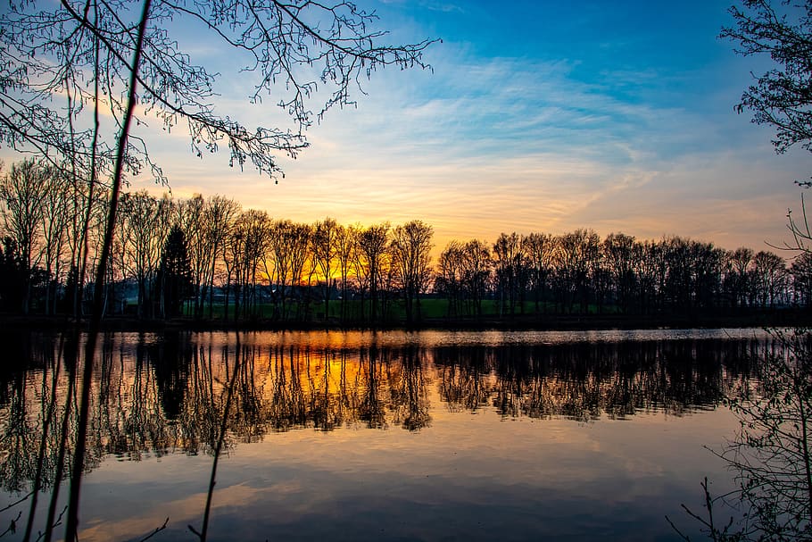 sunset, lake, sky, nature, reflection, clouds, beautiful, dusk HD wallpaper