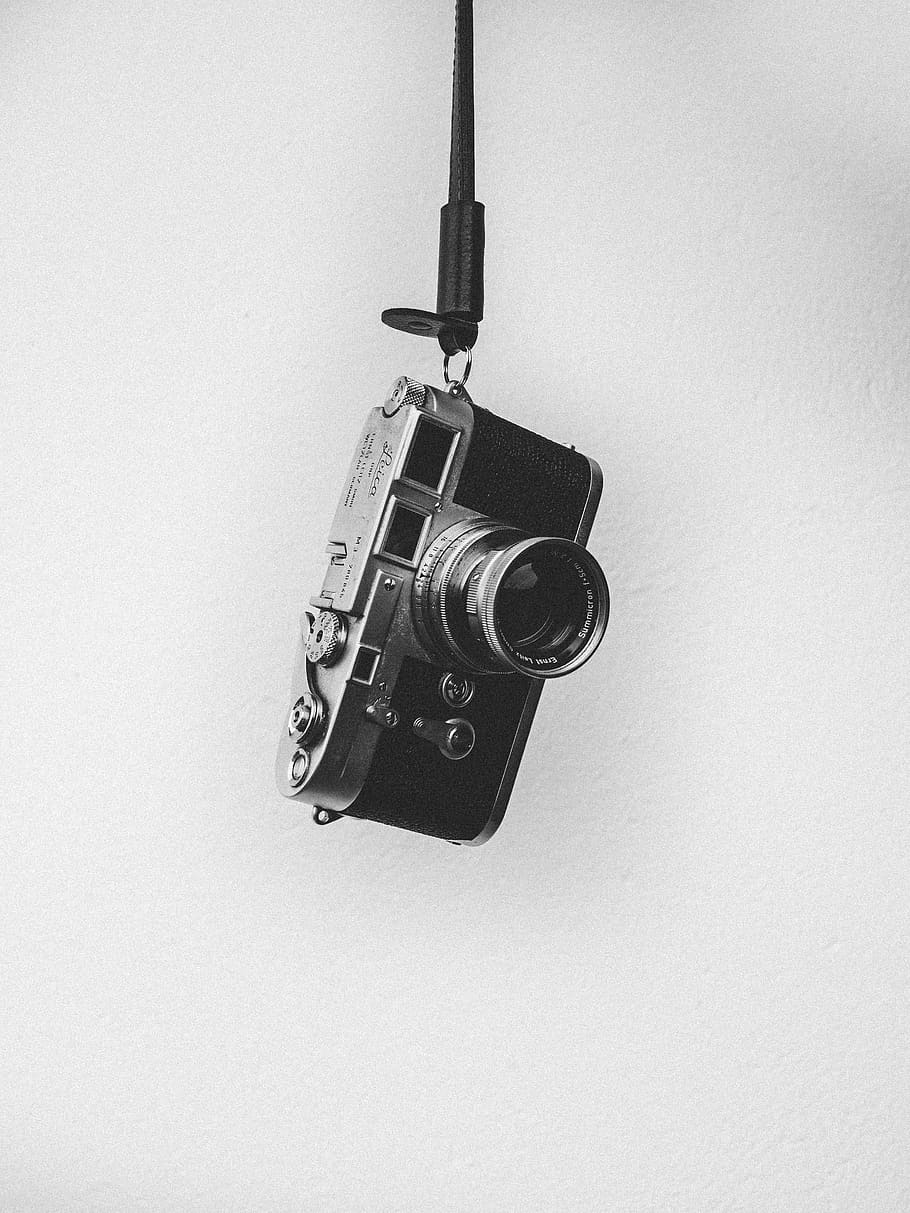 black bridge camera, indoors, hanging, copy space, white background HD wallpaper