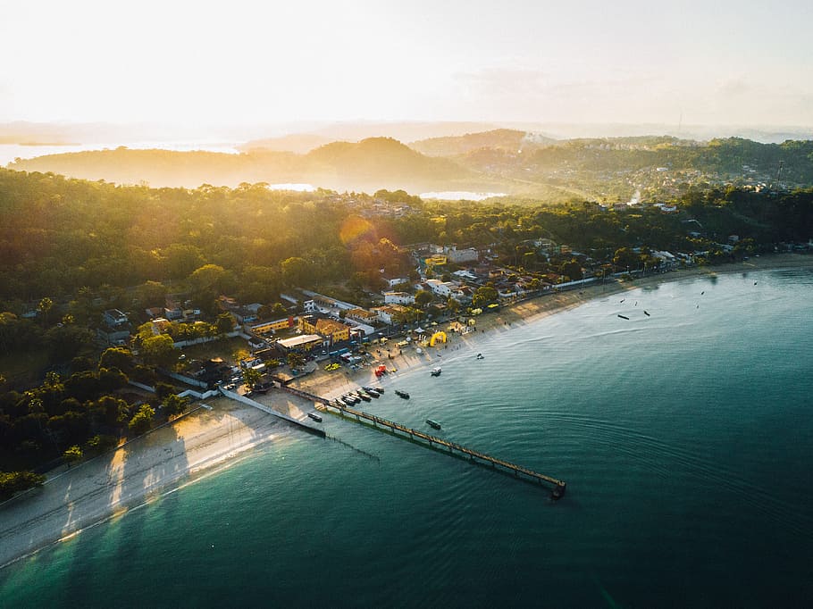 aerial view of beach resort during sunrise, coast, shore, sunlight HD wallpaper