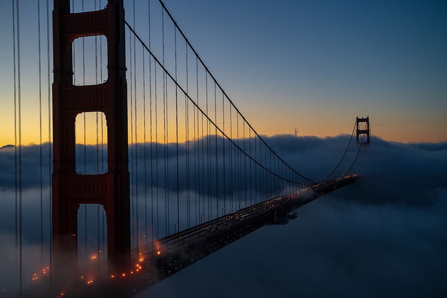 fog surrounding bridge, building, nature, suspension bridge, outdoors HD wallpaper