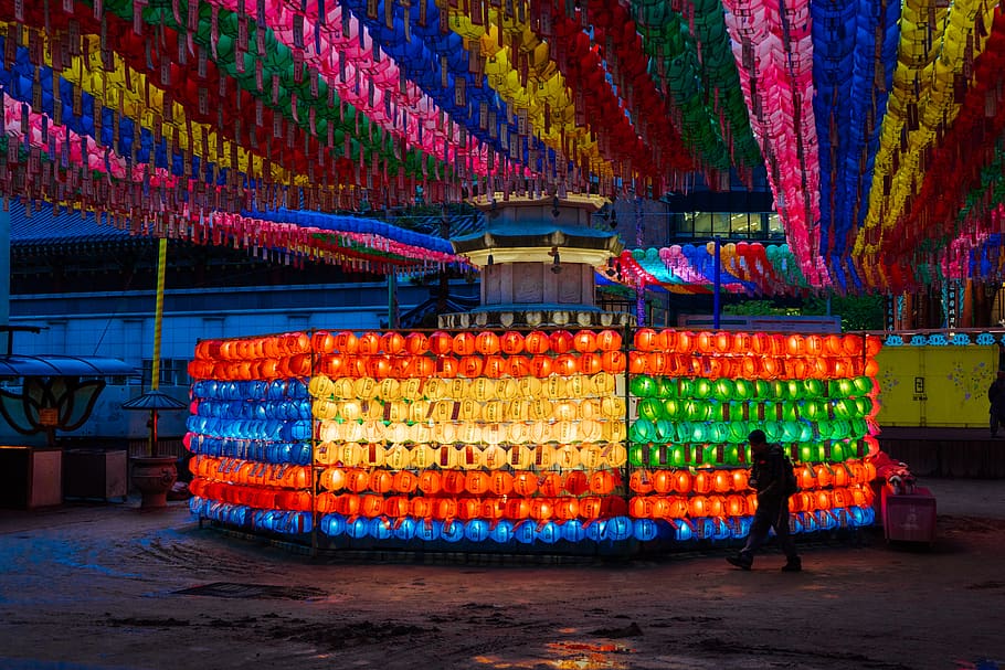 assorted-color lanterns at night, human, person, lighting, crowd HD wallpaper