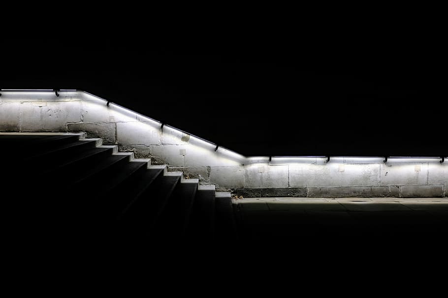 gray tunnel way, step, stair, night, light, contrast, shadow HD wallpaper