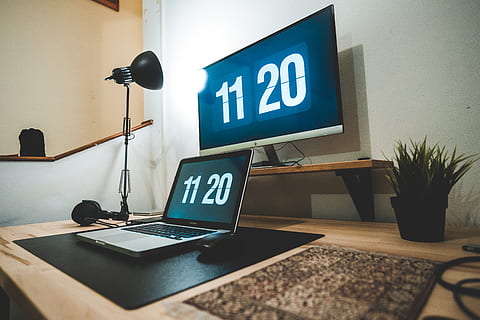 desk setup, ikea, macbook pro, hp, sennheiser, logitech, communication HD wallpaper