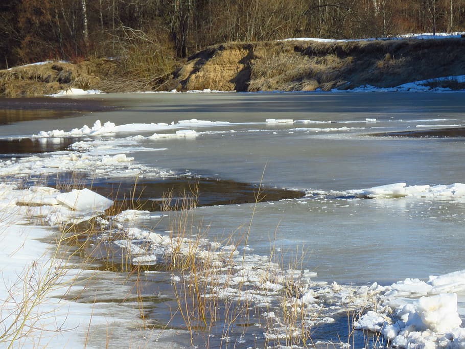 ice, river, hummocks, melting, nature, water, beach, spring HD wallpaper
