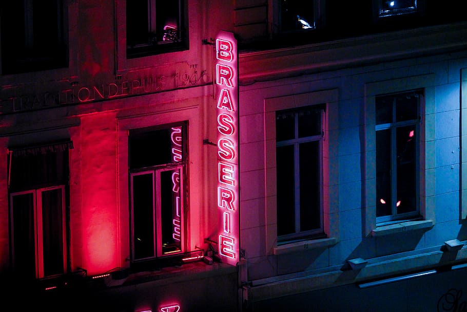 aerial view photography of Brassiere neon signage at night, building exterior, HD wallpaper