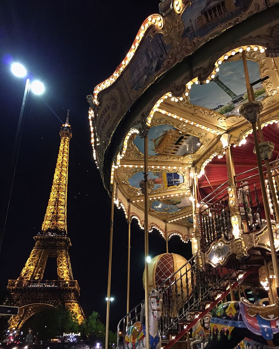 france, paris, eiffel tower, carousel, night, illuminated, amusement park ride, HD wallpaper