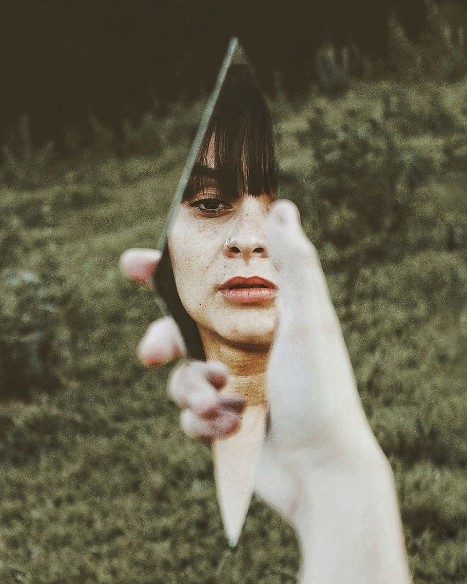 Woman Holding Broken Mirror, beautiful woman, broken glass, face