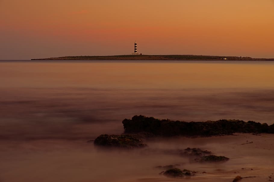 minorca, punta prima, lighthouse, sea, sun, calm, mediterranean HD wallpaper