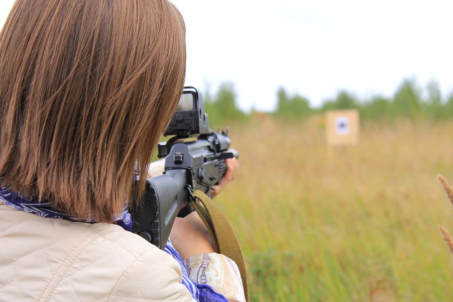 target, shooter, the sight, weapons, woman, rear view, one person