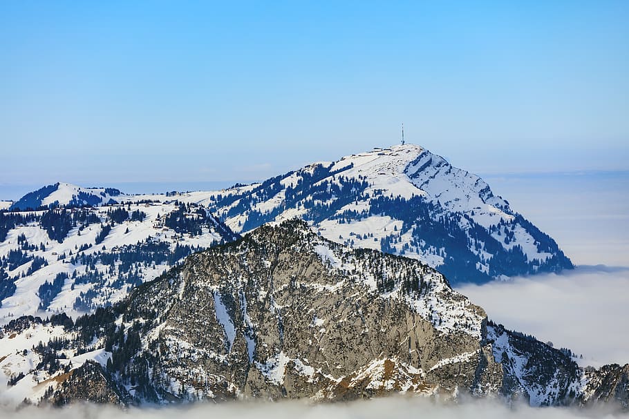 Areal Photo of Black Snowy Mountain, blue, clouds, cold, daylight HD wallpaper