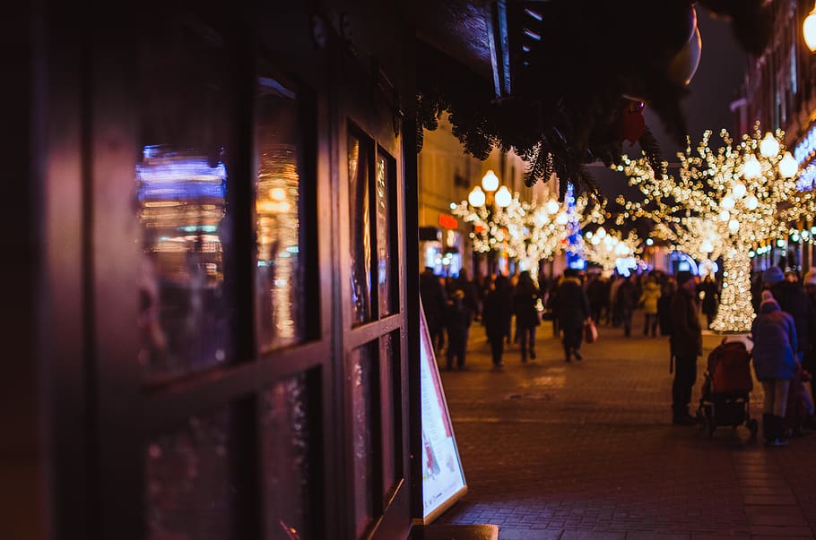moscow, russia, trees, lights, street, people, holiday, christmas