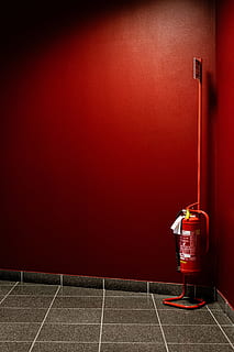 red fire extinguisher on corner, wall, emergency, safety, interior HD wallpaper