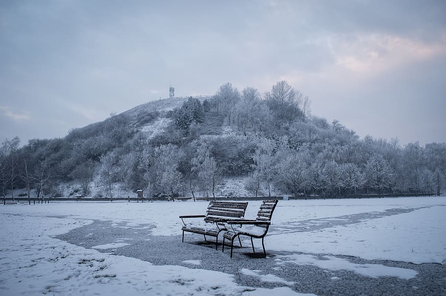 bench, winter, blue, cold, snow, mountain, ice, nature, frozen HD wallpaper