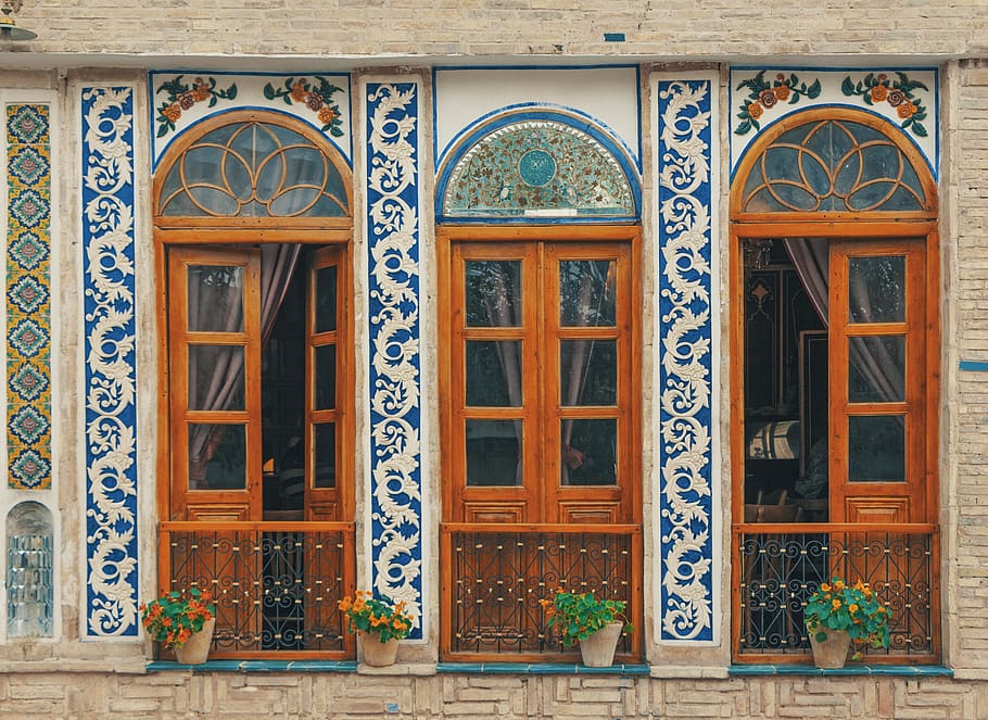 brown wooden framed doors, iran, isahan, window, railing, home decor, HD wallpaper
