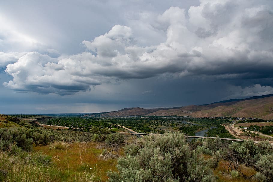 Green Foliage Treed Near Mountain Range With Cloudy Skies, bridge HD wallpaper