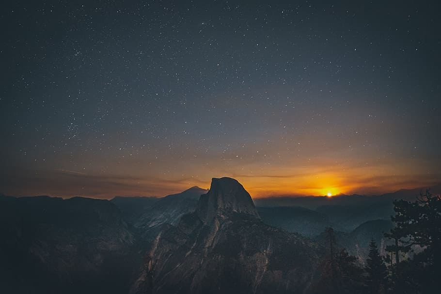 mountain ranges at sunset, sky, sunrise, star, long exposure HD wallpaper