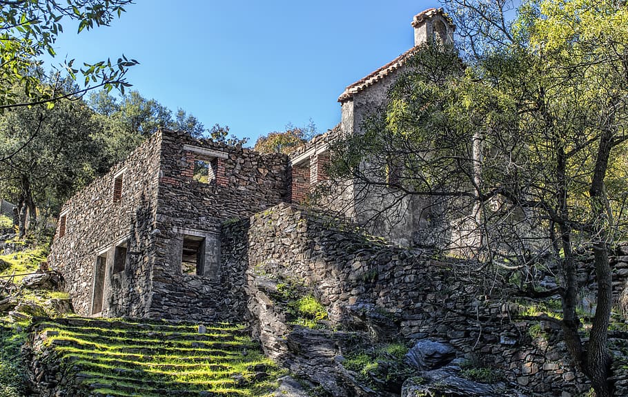 house, stone, ruin, forest, lugros, granada, architecture, built structure HD wallpaper