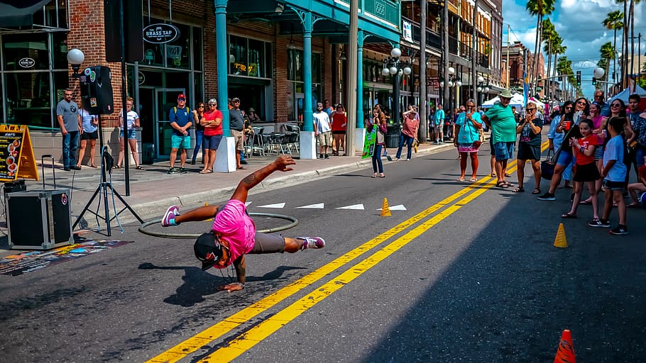 Man Doing Break Dancing Surrounded With People, action, city HD wallpaper