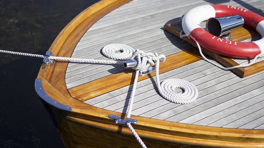 Brown and Grey Wooden Boat, clean, deck, equipment, lifebuoy, HD wallpaper