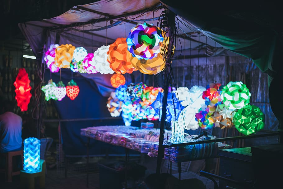 light multicolored kaleido lamps, human, person, crowd, festival HD wallpaper