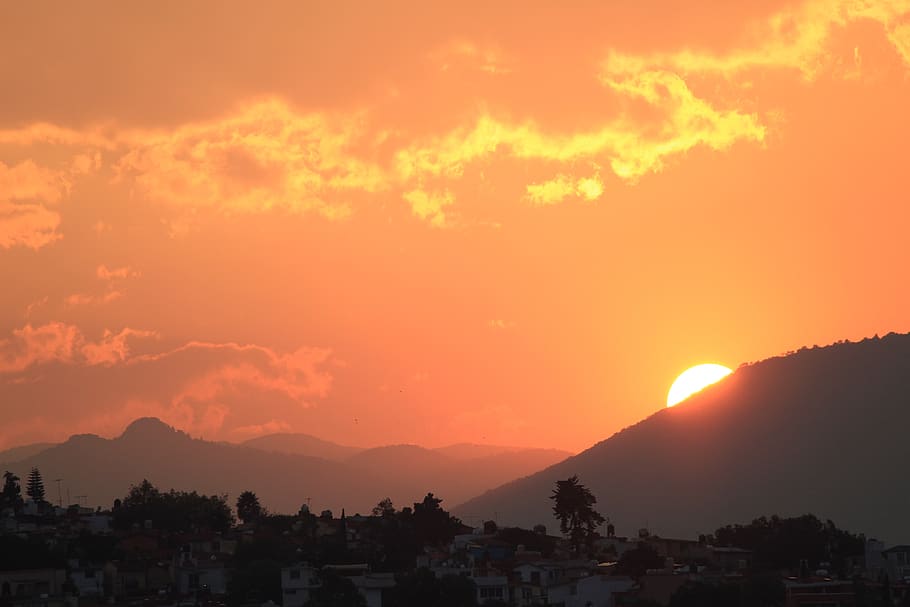 sunset, cloudy, light, mountain, sky, architecture, orange color HD wallpaper