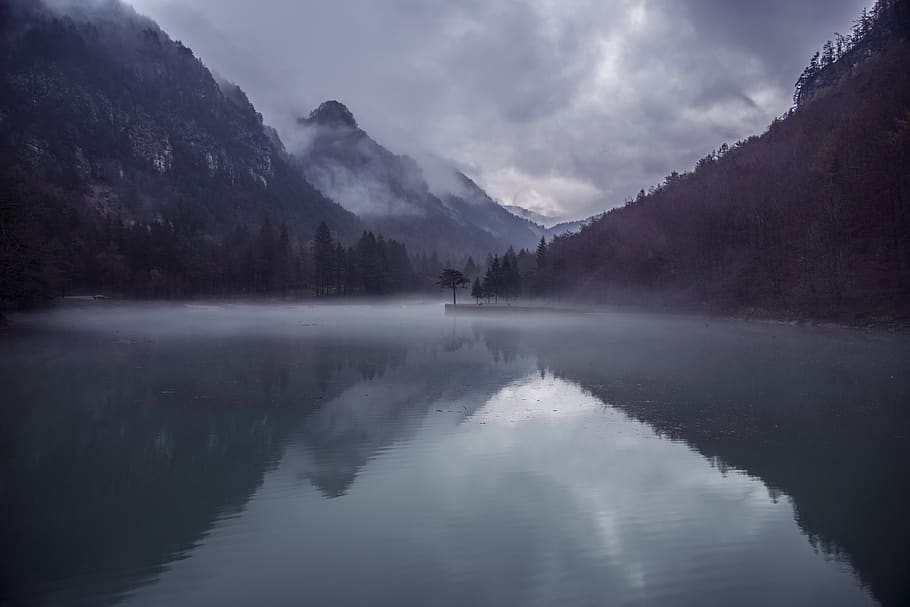 mountains, lake, mist, fog, nature, landscape, water, tourism, HD wallpaper